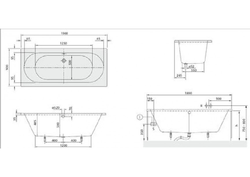 VB O.novo 1900 x 900 mm Wit Alpin Rechthoekig bad