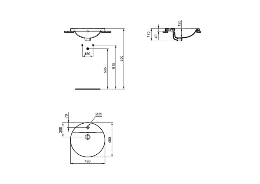 IS Connect Inbouwwastafel Ø480 mm met doorgestoken kraangat