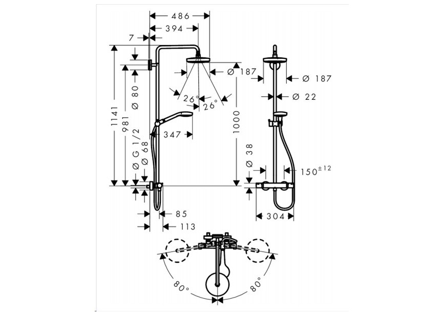 HG Croma Select S Showerpipe 180 2jet Ecosmart chroom/wit