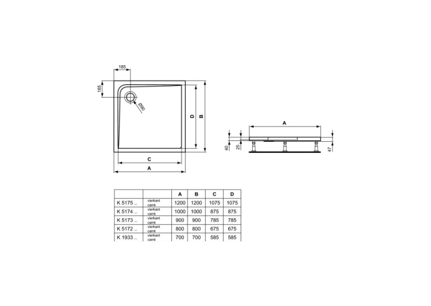 IS Ultra Light Douchebak 900x900x40 mm glanzend wit