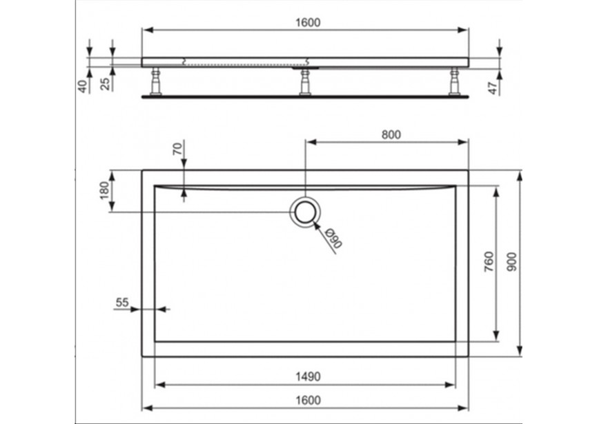 IS Ultra Light Douchebak 1600x900x40 mm glanzend wit