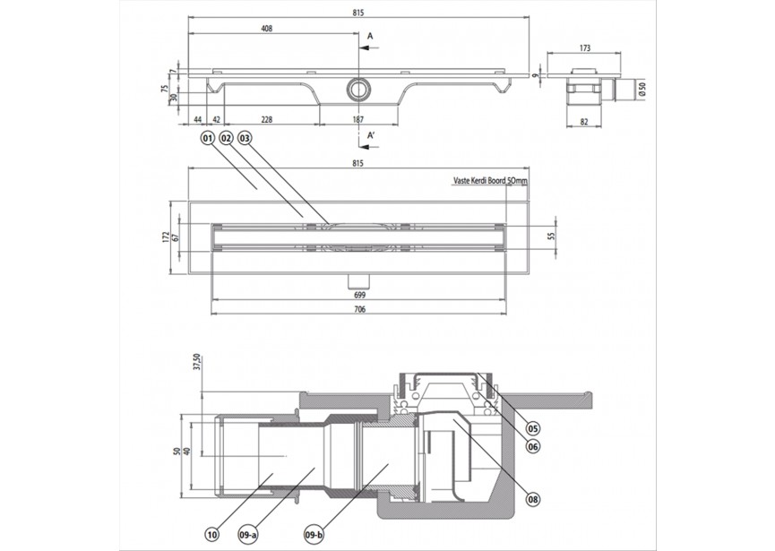 Carrodrain classic douchegoot 700mm body 815x172x75mm