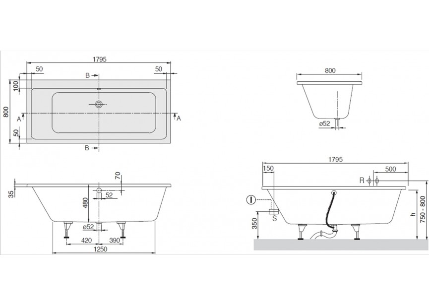 VB Subway 1800 x 800 mm Wit Alpin Rechthoekig bad